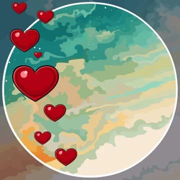 Painted sky background in a circle with hearts Stock Illustration
