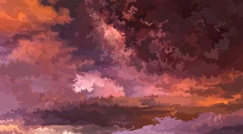 Painted sky with multicolored clouds tinted with sunset colors Illustrazione stock