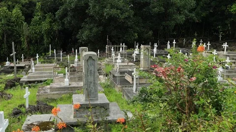 Painted St Benedict Catholic Church cemetery headstones Hawaii HD Stock Footage 80993908