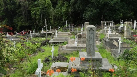 Painted St Benedict Catholic Church cemetery headstones Hawaii pan HD Stock Footage 80995948