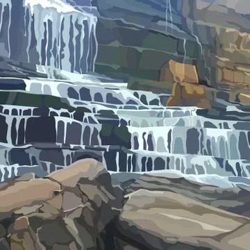 Painted stone wall with a multistage waterfall Stock Illustration