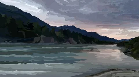 Painted summer landscape of a river surrounded by mountains at sunset Stock Illustration