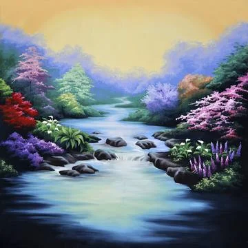 Painted theatre backdrop featuring a forest and flowing stream Stock Illustration