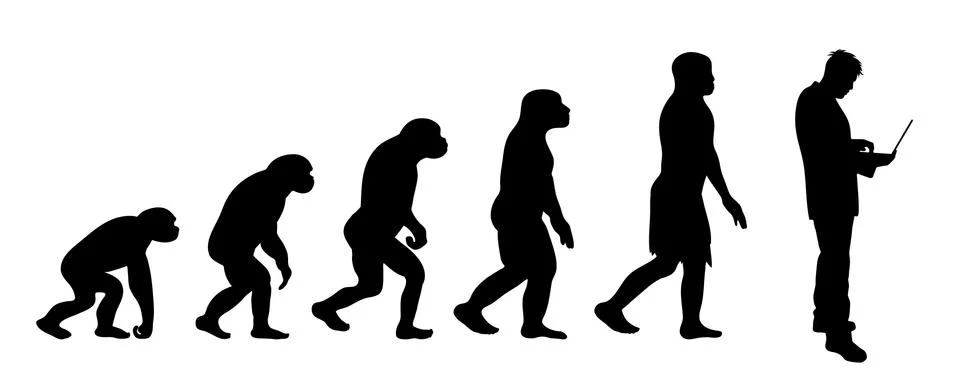 Painted theory of evolution of man. Vector silhouette of homo sapiens. Symbol Stock Illustration