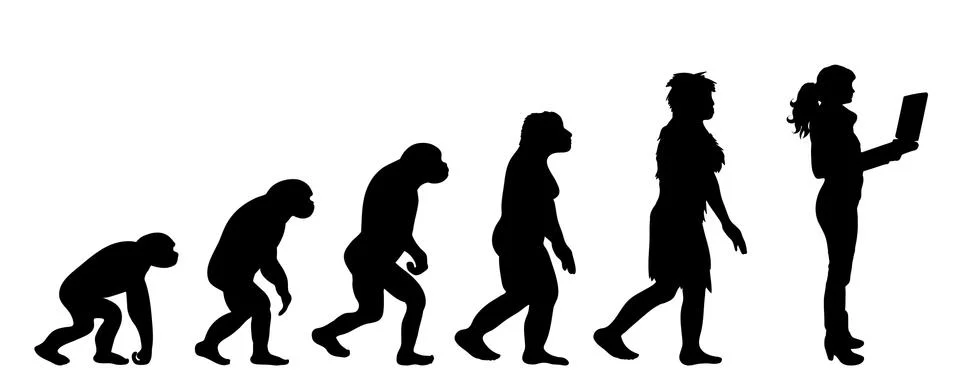 Painted theory of evolution of man. Vector silhouette of homo sapiens. Symbol 스톡 일러스트