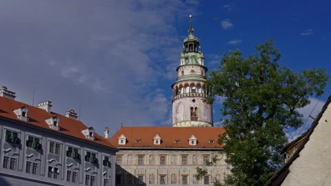 The Painted Tower of Český Krumlov Reaching Into the Sky Stock Footage 313388115