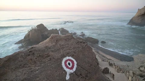 Painted Trail Marker Above Rocky Santa Cruz Coast Video stock 346528308
