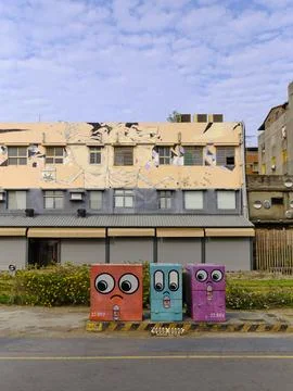Painted utility boxes Pier 2 Art Centre Area, Kaohsiung, Taiwan Stock Photos