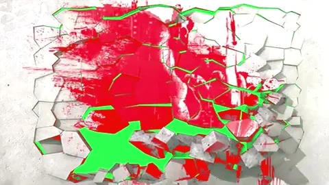 Painted wall explosion with green screen frame 3d animated templated Stock Footage 299541254