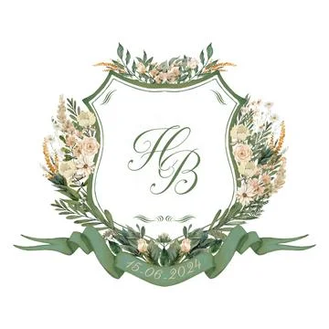 Painted wedding monogram HB, BH initial watercolor floral crest Stock Illustration