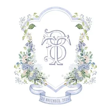Painted wedding monogram TB, BT initial watercolor floral crest. Stock Illustration