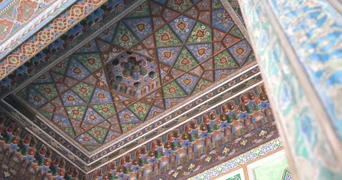 Painted wood ceiling in The State Museum of Applied Arts of Uzbekistan, Tashkent Stock Footage 249942486