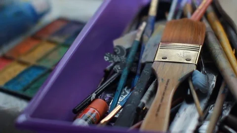 Painter In Art Studio ink and Paint Brushes Stock Footage 71965325
