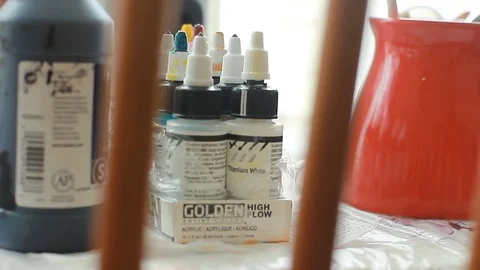 Painter In Art Studio ink and Paint Brushes Video stock 71966284