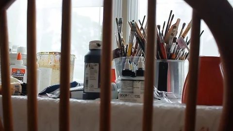 Painter In Art Studio ink and Paint Brushes Stock Footage 71966335