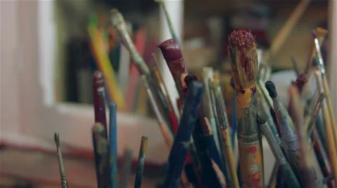 Painter artist scene with paintbrushes. Video stock 62652869