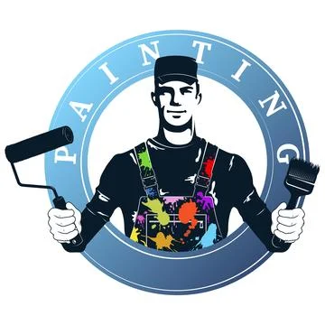 Painter with brush and roller in hands, symbol for painting Stock Illustration