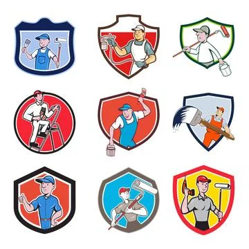  Painter Cartoon Crest Set Set or collection of cartoon character mascot s... Stock Photos