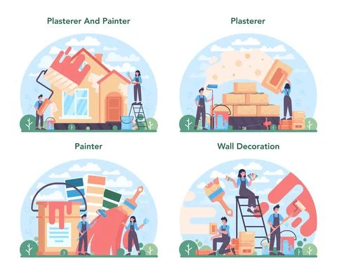 Painter concept set. People in the uniform paint the wall with paint roller Stock Illustration