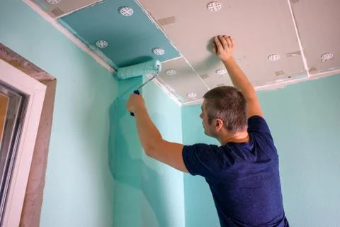 Painter covers the walls with paint. Master works as a painting roller in the Stock Photos