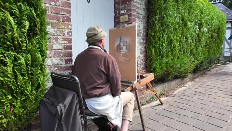 Painter Creating Artwork Outdoors in Veules-les-Roses, Normandy, France Stock Footage 346971725