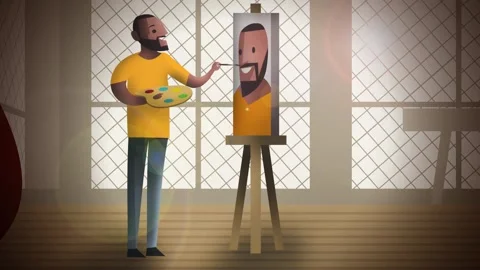 Painter creating a portrait inside his traditional art studio Stock Footage 342361158