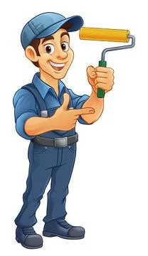 Painter Decorator Cartoon Paint Roller Handyman Ilustración de archivo