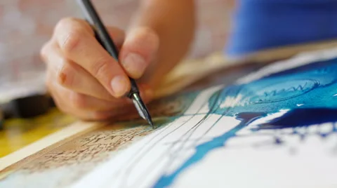 Painter drawing calligraphy on water color amazing artwork hand closeup 스톡 동영상 59221548