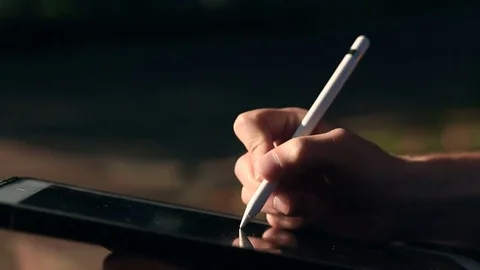 Painter drawing a scetch on tablet using stylus at park Video stock 82360865