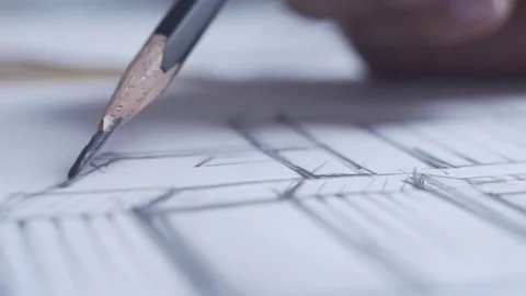 Painter draws by pencil, designer draws the draught, woman draws lines Stock Footage