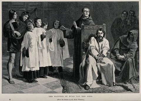 The painter Hugo van der Goes with onlookers and a group of choir boys sing.. Stock Illustration
