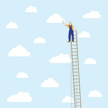 Painter on the ladder colors the clouds Stock Illustration