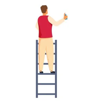 Painter on ladder using spray paint reaching high for home repair Stock Illustration