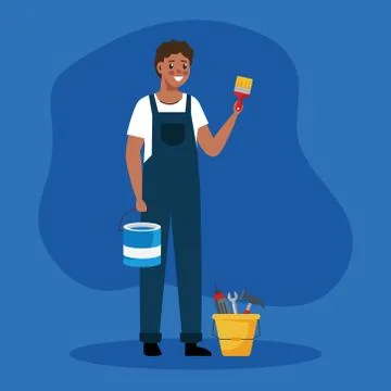 Painter man with brush and tools bucket vector design Stock Illustration