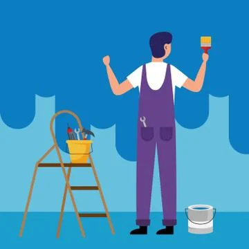 Painter man with brush and tools bucket on ladder vector design Stock Illustration