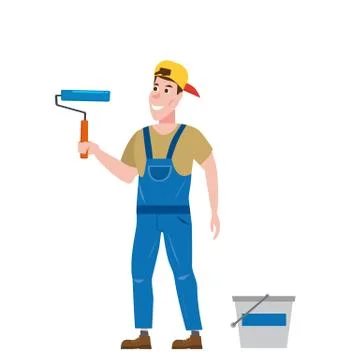 Painter man is holding a paint roller in hand, profession, character, uniform Illustrazione stock