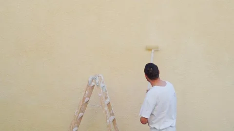 Painter man painting a wall with a roller. Home renovations Stock Footage 169185550