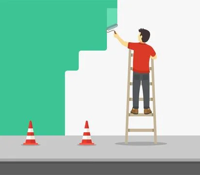 Painter man standing on staircase or ladder and paints the wall on the street. Ilustración de archivo
