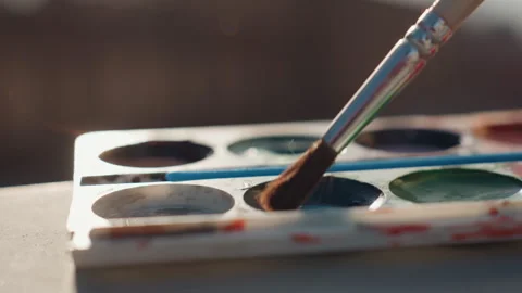 Painter mixes colors at sunset. Dusk illuminates artist blending paints Vídeos de archivo 342429162