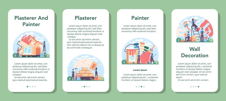 Painter mobile application banner set. People in the uniform paint Stock Illustration