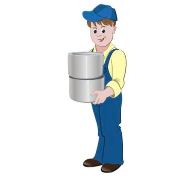The painter or decorator standing with the pile of buckets with paint or lacq Stock Illustration