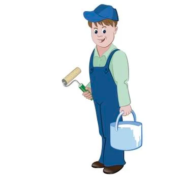 The painter or decorator standing with a roller and a bucket of a paint Stock Illustration