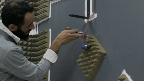 Painter painting studio wall with grey paint using a brush slow motion Stock Footage 220714304