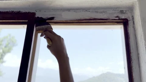 Painter Painting Window and Wall of Newly Constructed House Stock Footage 339530512