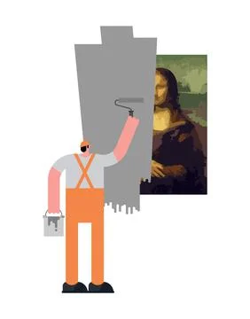 Painter paints over work of art. Painter paints Mona Lisa Stock Illustration
