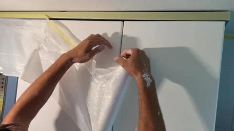 Painter preparing kitchen cabinets for painting renovation Stock Footage 341362912