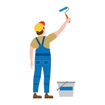 Painter proffessional character man at work. Male painter in uniform applying Stock Illustration