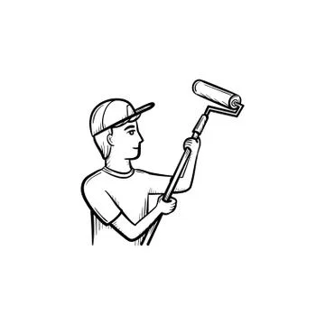 Painter with roller hand drawn sketch icon. Ilustración de archivo