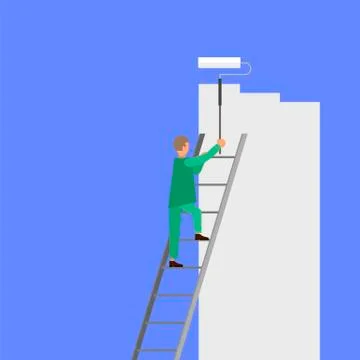 Painter with Roller Painting Wall. Worker on Ladder Paints Home. Renovation and 스톡 일러스트