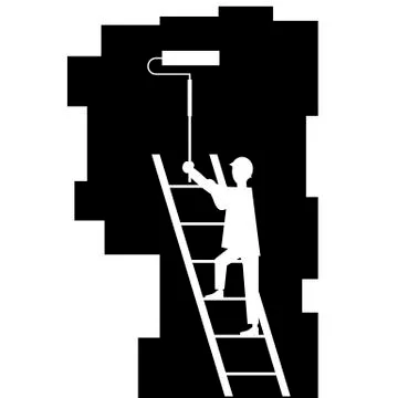 Painter with Roller Painting Wall. Worker on Ladder Paints Home. Renovation and 스톡 일러스트
